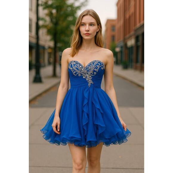 MAC DUGGAL Dress Size 4 Evening Gown Sequin Rhinestone Mini Strapless Blue - Picture 5 of 6